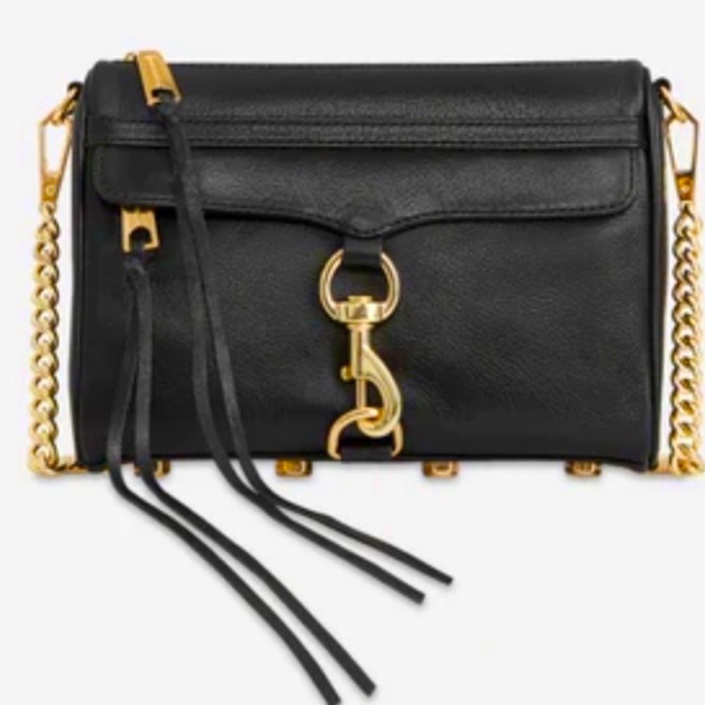 Rebecca Minkoff Black Leather Mini MAC Crossbody Bag Gold Tone Hardware